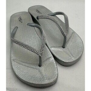 Womens Capelli New York Flip Flops Silver With Silver Rhinestones Size 11